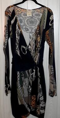 Fuzzi Long Sleeve Wrap Dress Size Medium Gray Black Animal Print Cashmere Blend